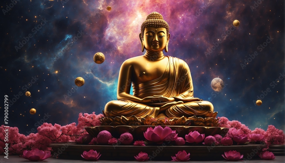 outer space cosmos with giant gold buddha statue from Generative AI