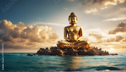 middle of ocean with giant gold buddha statue from Generative AI