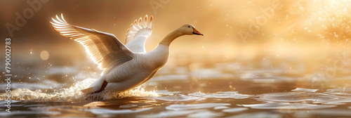 swan-shaped splash on a calm lake at dawn Swan takes flight during the golden hour Superb swan neck erect and flapping its wings. Bird landing on a lake in the countryside. photo