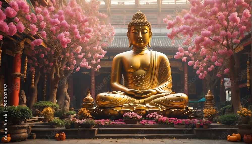 Obraz premium spring garden with giant gold buddha statue from Generative AI