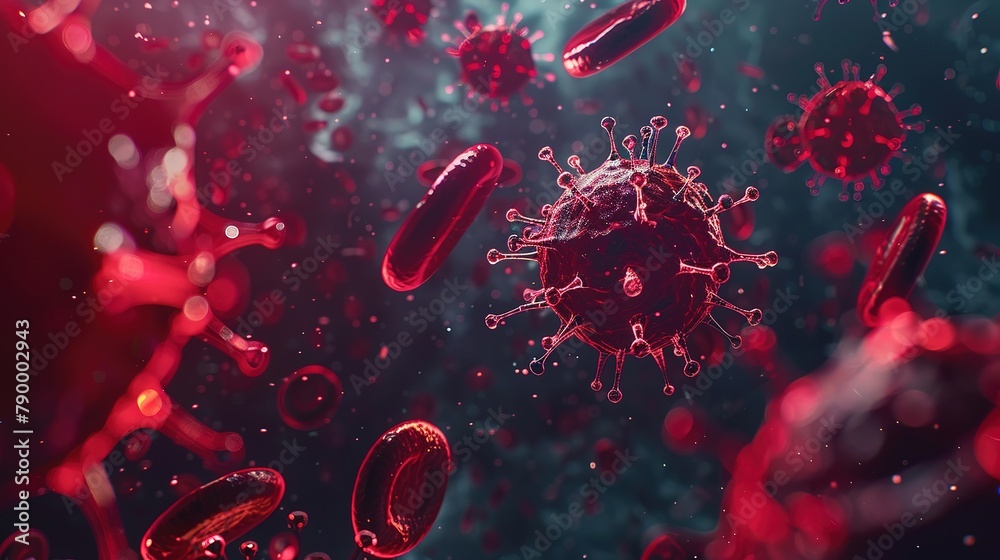 Microscopic view of a virus among blood cells: A 3D rendering ...