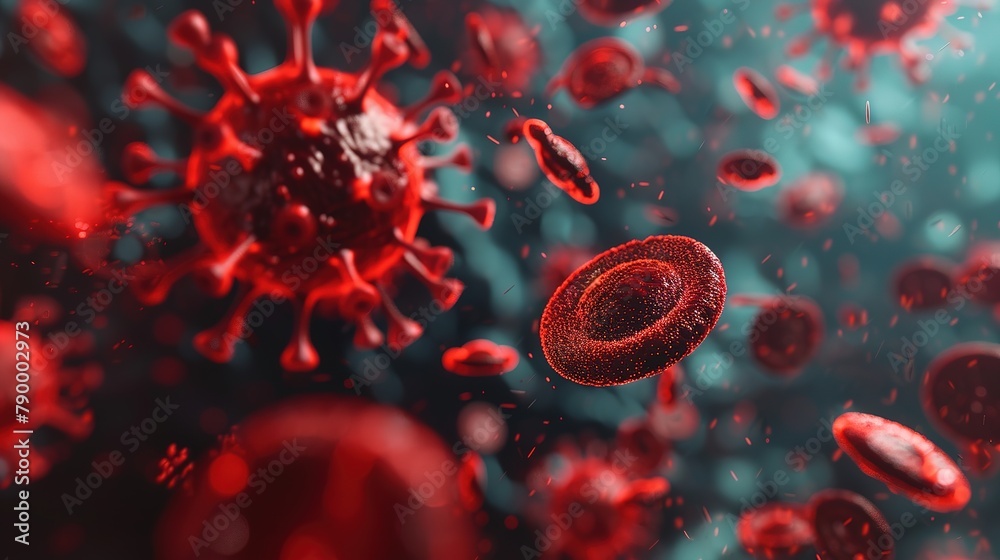 Microscopic view of a virus among blood cells: A 3D rendering ...