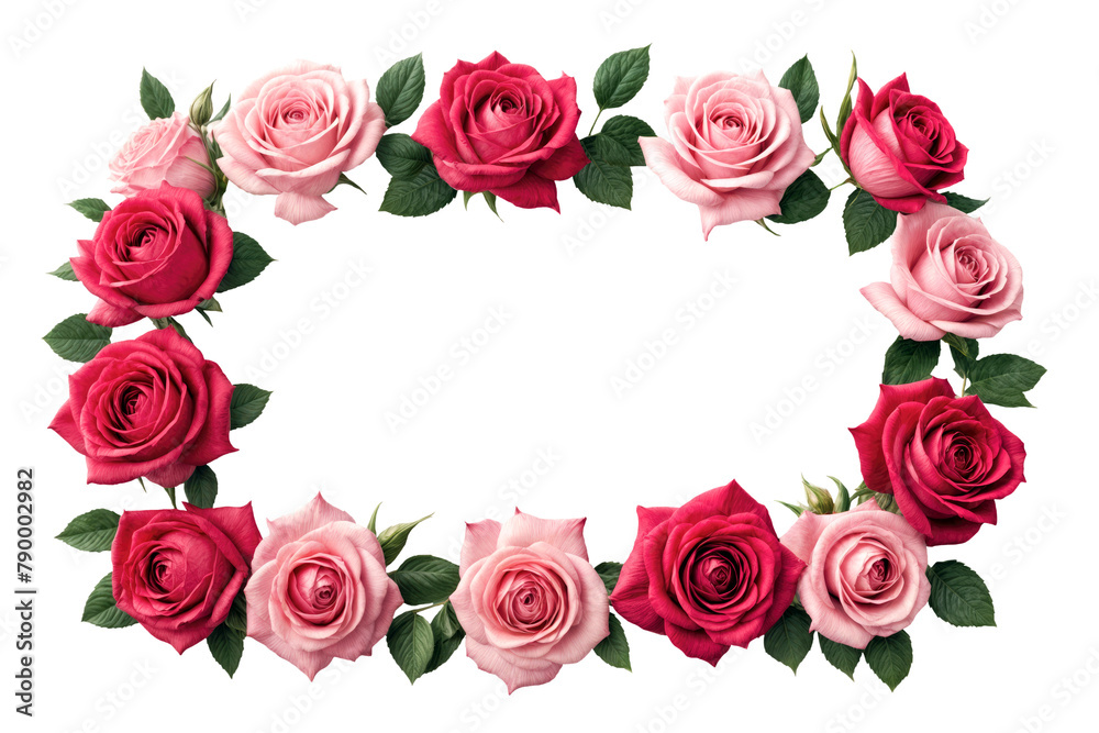 Pink and red roses, isolated frame. Postcard mockup, Flat lay, copy space.