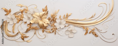 White and Gold Feather Floral Relief Wall Art Panel.
