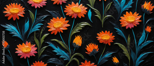 Closeup painting of a nightly field full of orange and red flowers, gerbera photo