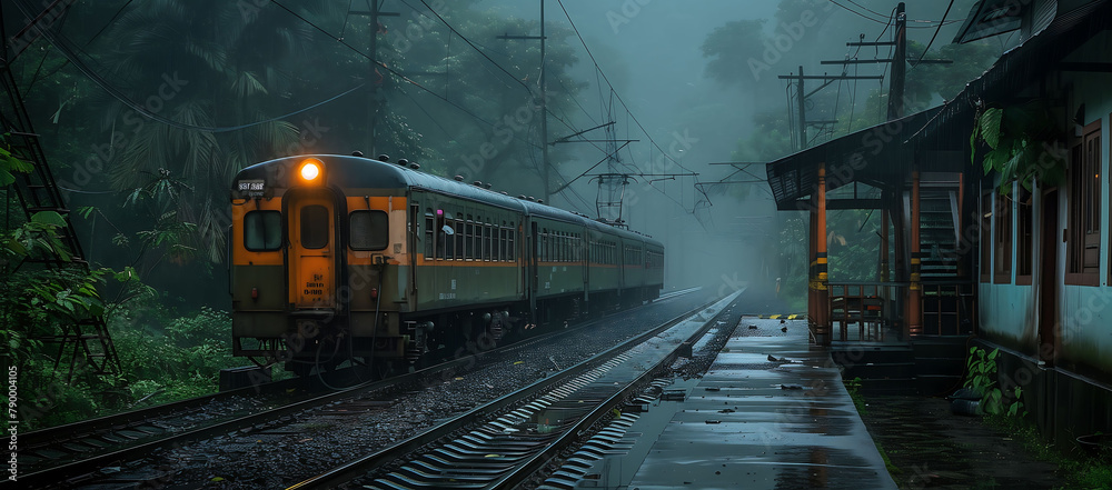A train is at the station in the rain. The train is yellow and black, Rainy Season Concept, background for banner