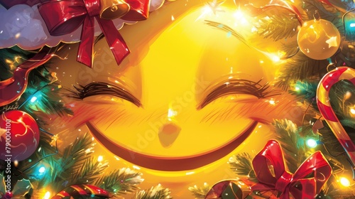 A jolly Christmas emoji sporting a big yellow smiley face with eyes beaming in laughter photo