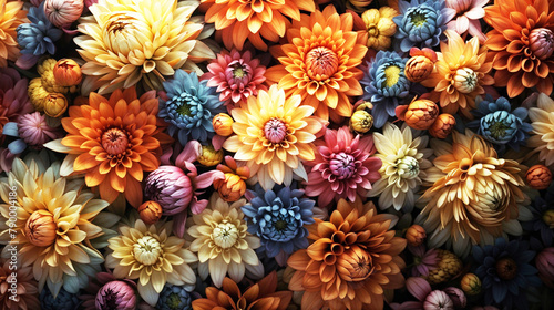 Colorful chrysanthemums, top view, photorealistic. For posters, banners.