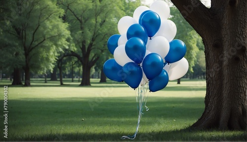 blue and white balloons on park with giant gold buddha statue from Generative AI