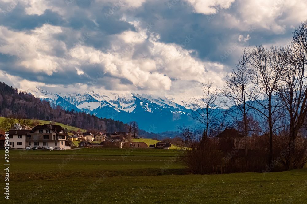 Alpine view on a cloudy spring day near Oberdiessbach, Bern-Mittelland, Bern, Switzerland