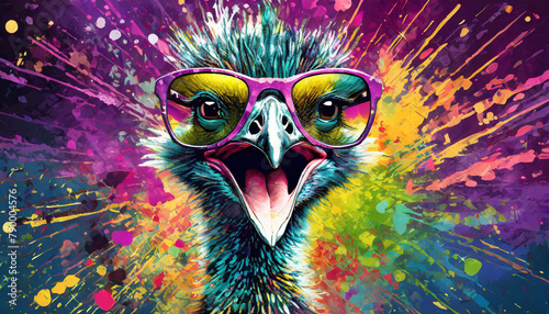 Vibrant pop art style portrait of an emu wearing sunglasses with mouth open and paint splattering effect.