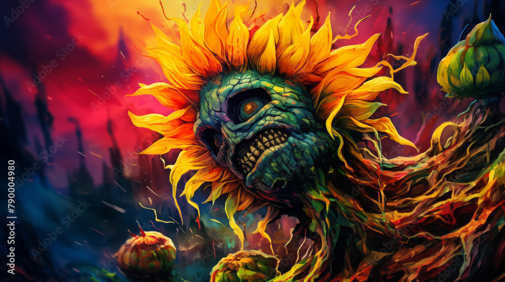 A flower with a skull on it is shown in a painting
