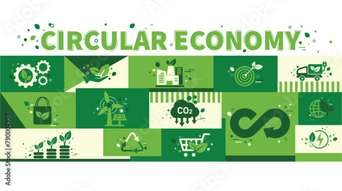 Circular economy concept for future growth of business. Reuse and renewable material resources and sustainable environment with icons. Green ecology template infographic flat design vector web banner