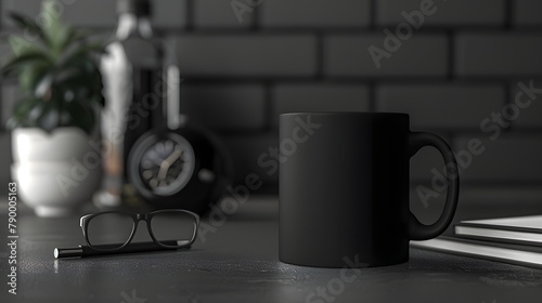 Black Coffee Mug Mockup with Glasses and Pen on a Cafe Table Background