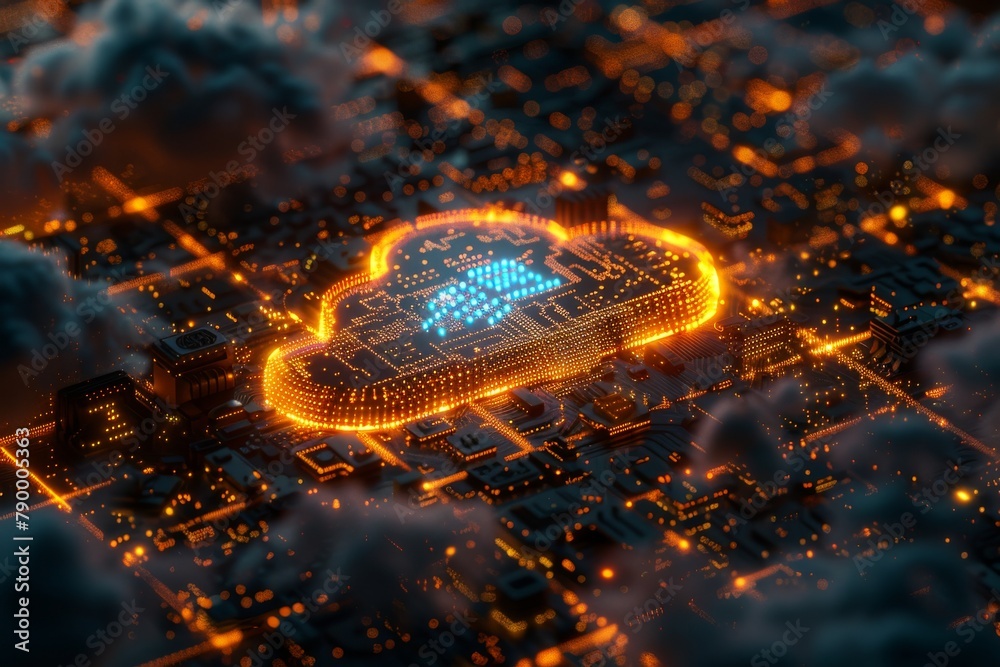 An 3D render of cloud with multiple devices connected to it, glowing elements and data visualizations on the screen