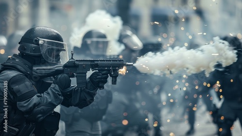 In a display of nonlethal force police officers are seen firing foam bullets and rubber pellets at rioters who are throwing rocks and debris at them. . photo