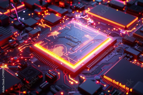Am 3D rendering of an electronic circuit board with glowing neon lights and components on top of it.