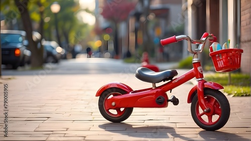 A shiny red tricycle parked on the sidewalk, waiting for an adventurous child to hop on and explore their surroundings