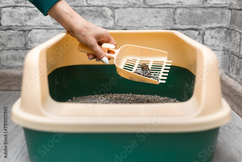 man removing cat poop from litter tray.