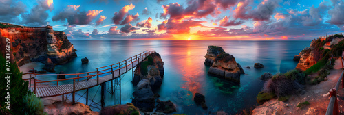 Summer Bliss at Camilo Beach, Algarve: A Perfect View of the Turquoise Ocean, Wooden Footbridge, and Majestic Cliff during Sunrise in Portugal. photo