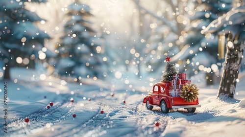 Christmas decoration with a toy car carrying a Christmas tree and gifts in the snow in a winter park. copy space for text. © Naknakhone