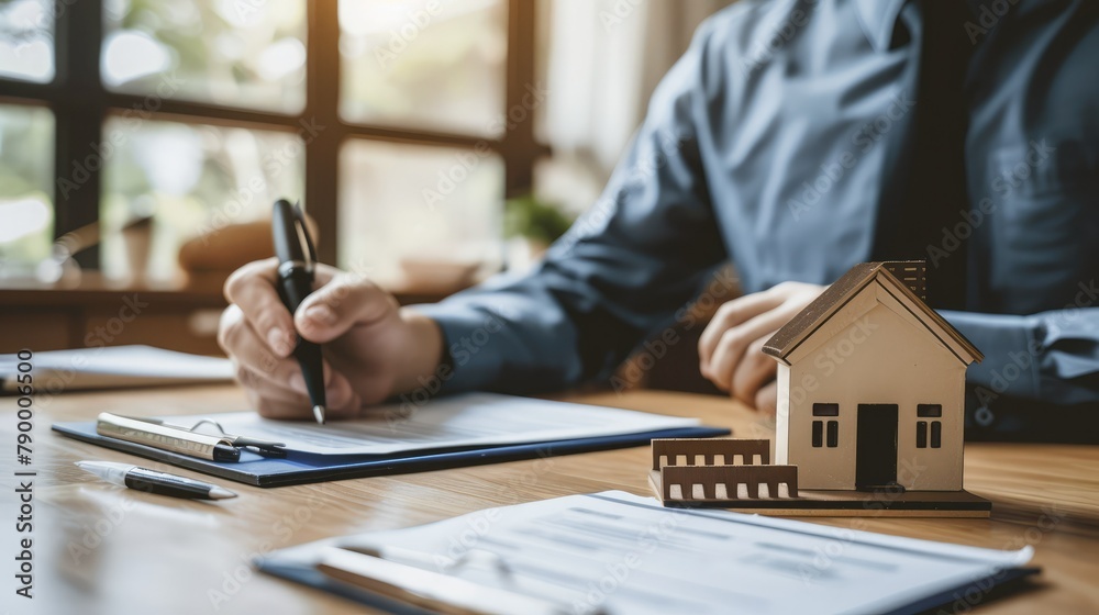 Fototapeta premium Real estate agent talked about the terms of the home purchase agreement and asked the customer to sign the documents to make the contract legally, Home sales and home insurance concept.
