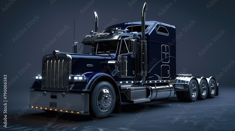 create an image of a big darkblue american truck with zilver accents. copy space for text. create an image of a big darkblue american truck with zilver accents. copy space for text.