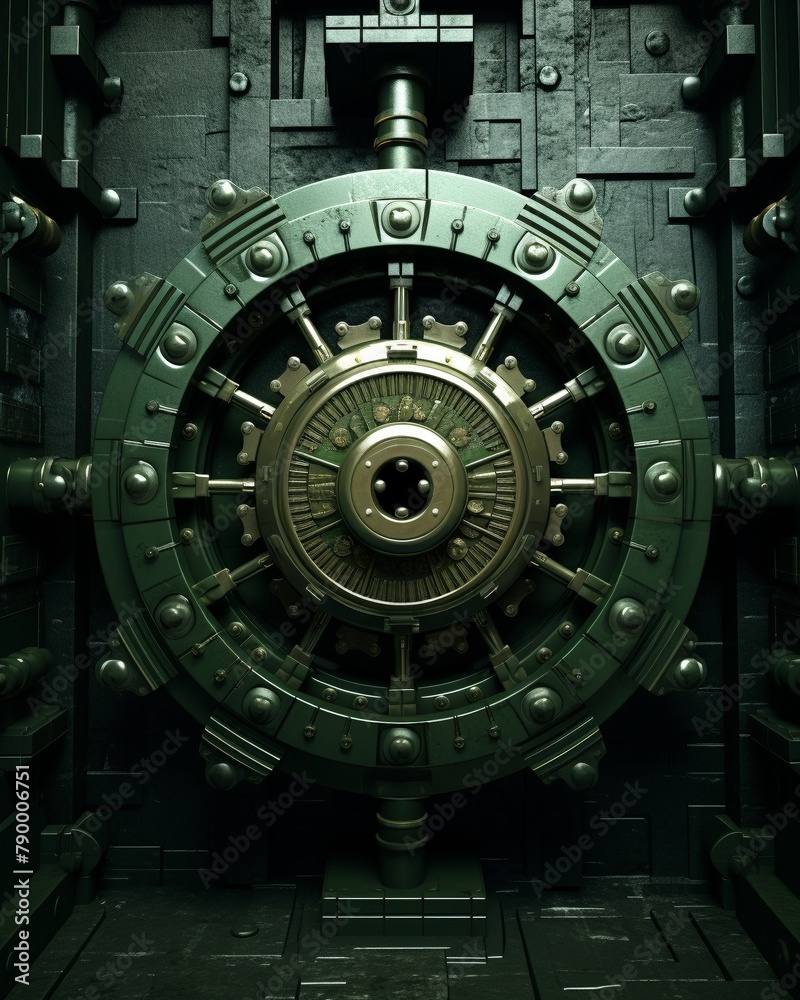 Haunted vault, greenish light, extreme close-up, metallic texture