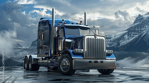 create an image of a big darkblue american truck with zilver accents. copy space for text. photo