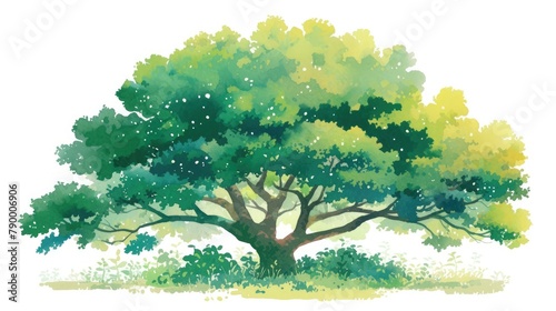 A beautifully stylized watercolor illustration of a tree adorned with lush green foliage