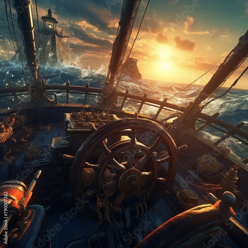 Speeding through a nacarat dawn, cockpit sword clash against pirates, high-flying adventure, morning glow photo