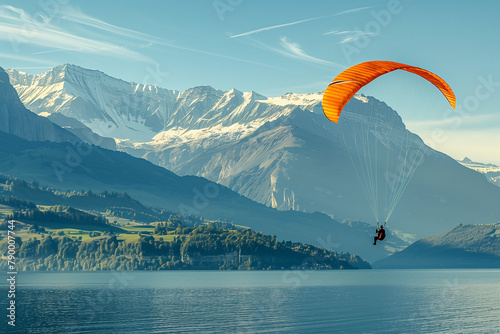 A paraglider flying and gliding above a lake in the mountains after jumping out of a plane