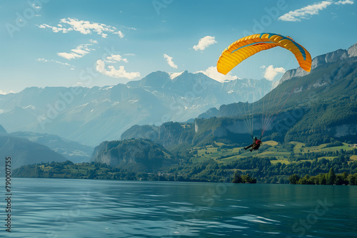 A paraglider flying and gliding above a lake in the mountains after jumping out of a plane