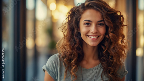 portrait of stunning young woman smiling with a beautiful bokeh background photo