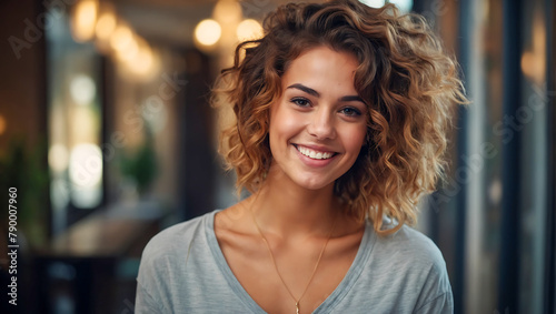 portrait of stunning young woman smiling with a beautiful bokeh background