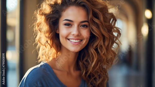portrait of stunning young woman smiling with a beautiful bokeh background photo
