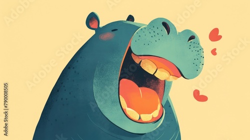 A whimsical 2d illustration captures the essence of a cute hippopotamus radiating happiness with sections in playful silhouette colors and a cheeky expression complete with a tongue stickin photo