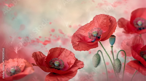 Translucent red poppies, photographed in artistic blur, suggesting themes of beauty and fragility.