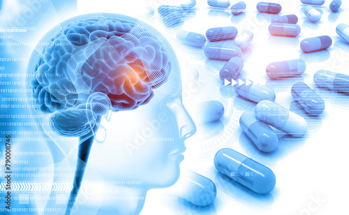 Human brain anatomy with medical pills. 3d illustration..