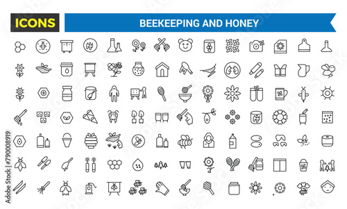 Beekeeping And Honey Products Icons Set, Set Of Bee Hive, Apiary, Apiculture, Beekeeper, Honey Jar, Pollen, Perga, Bee Bread, Bee Queen, Royal Jelly, Apiculture Vector Icon, Vector Illustration