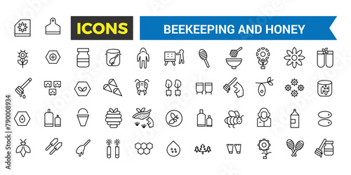 Beekeeping And Honey Products Icons Set, Set Of Bee Hive, Apiary, Apiculture, Beekeeper, Honey Jar, Pollen, Perga, Bee Bread, Bee Queen, Royal Jelly, Apiculture Vector Icon, Vector Illustration