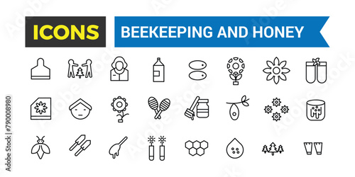 Beekeeping And Honey Products Icons Set, Set Of Bee Hive, Apiary, Apiculture, Beekeeper, Honey Jar, Pollen, Perga, Bee Bread, Bee Queen, Royal Jelly, Apiculture Vector Icon, Vector Illustration