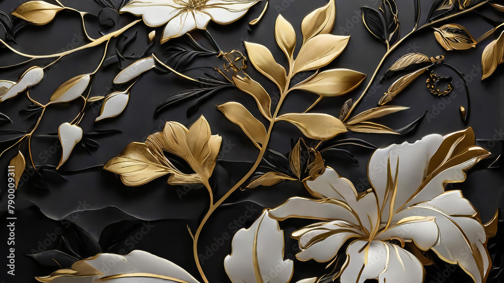 Golden palm leaves on white and black marble background, template, postcard - Vector illustration
