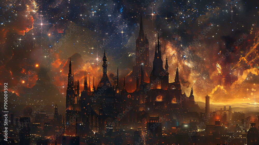 City of stars dark fantasy style magic world. .