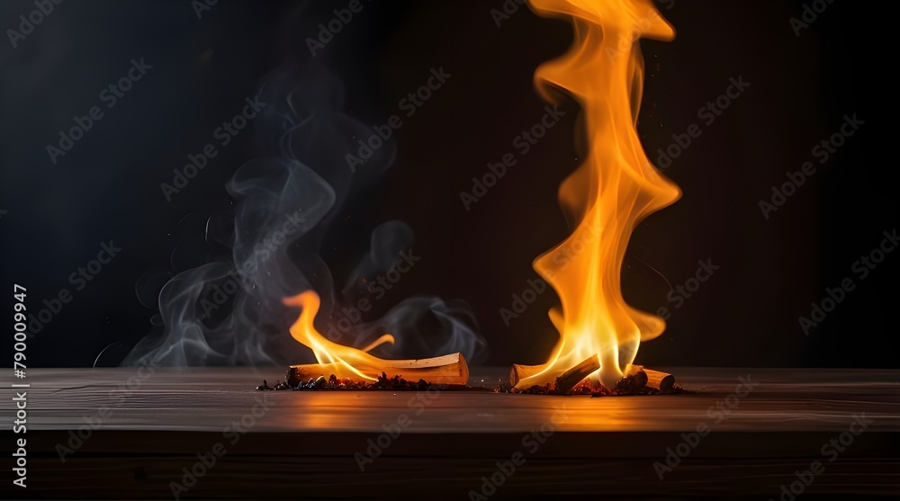 Fototapeta premium wooden table with Fire burning at the edge of the table, fire particles, sparks, and smoke in the air, with fire flames on a dark background to display products.generative.ai 