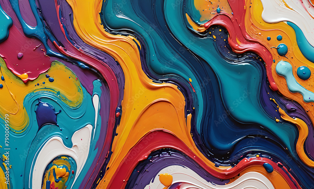 Detailed close-up of a colorful abstract painting with thick layers of paint creating a dynamic and textured surface