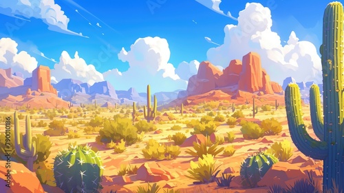 A whimsical illustration showcasing a classic desert scene complete with scattered cactus plants and rugged mountains in the distance