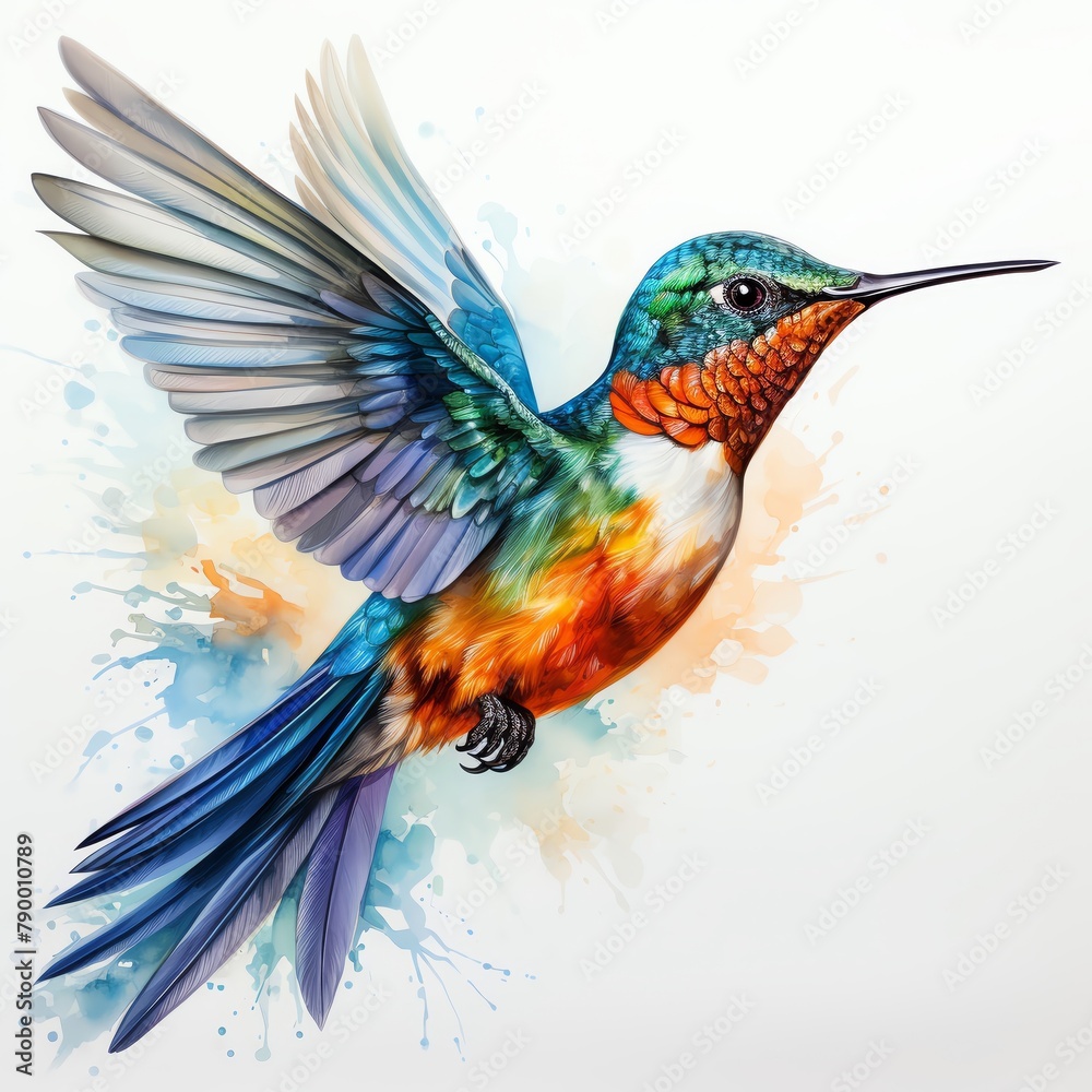 Fototapeta premium A watercolor painting of a hummingbird with vibrant feathers.