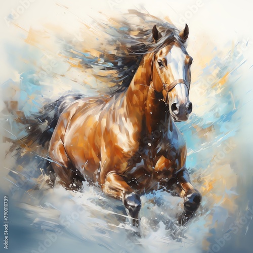 A beautiful painting of a horse running through water with a colorful abstract background.