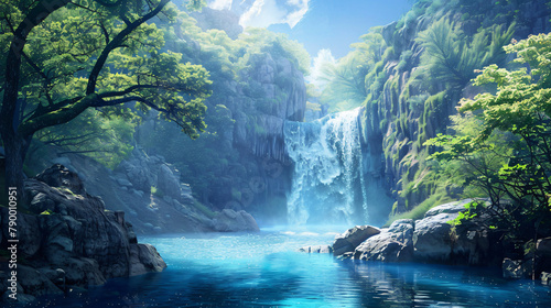 Fantasy landscape featuring a waterfall enchanted forest